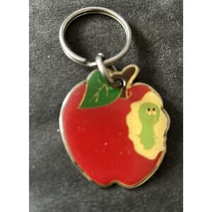 Vintage Metal Key Chain Ring Apple W/ Worm Teacher Gift
